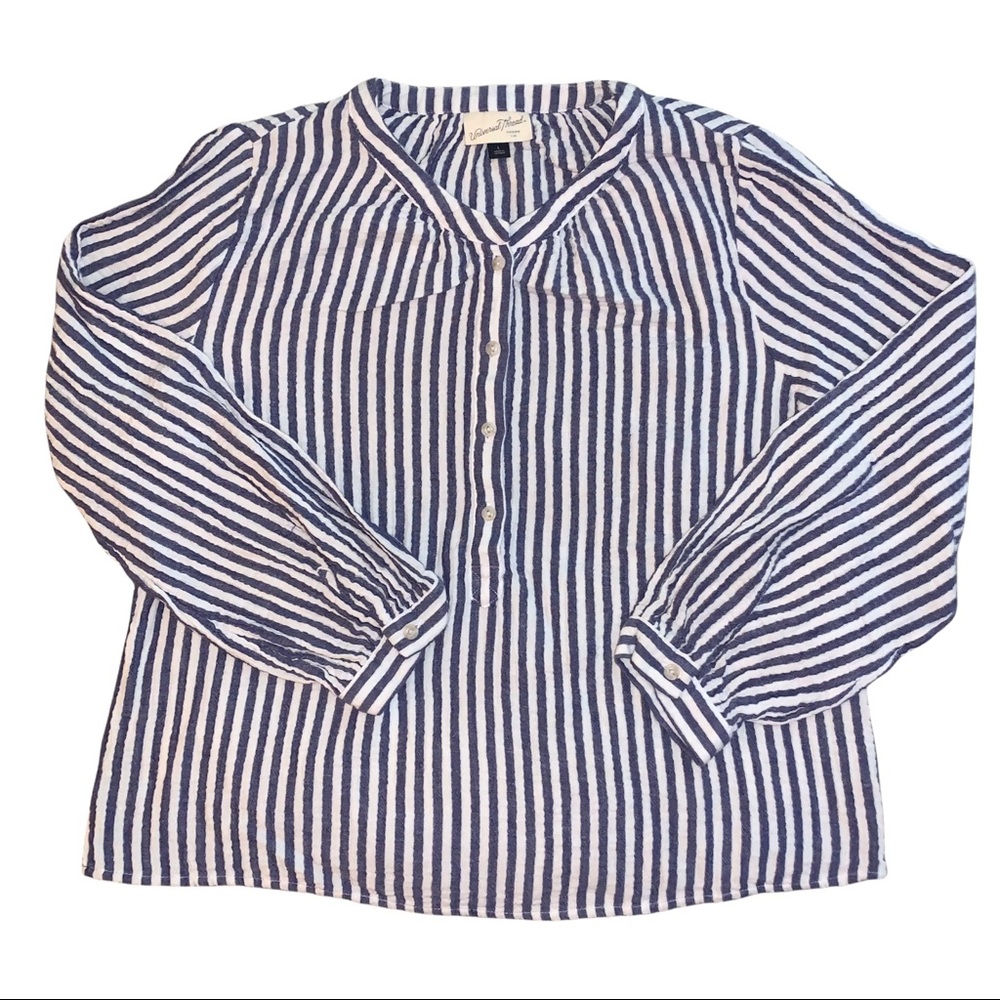 Blue & White Vertical Striped Half Button Up Long Sleeve Top